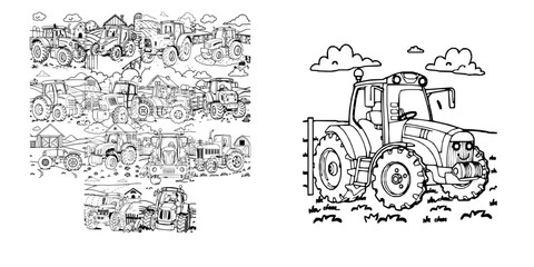 Obraz premium Friendly Tractor On A Farm Black Outline Coloring Page Thick Lines Coloring Page