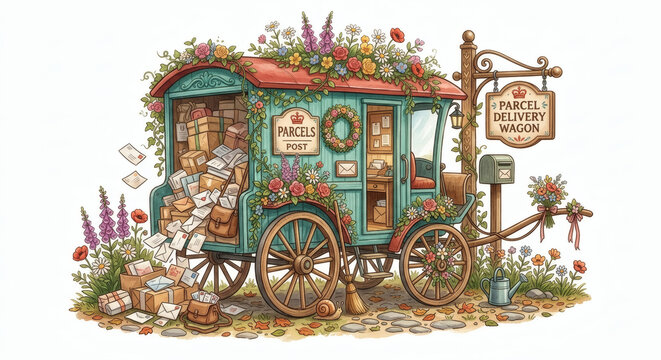 Vintage parcel delivery wagon overflowing with letters and packages watercolor illustration