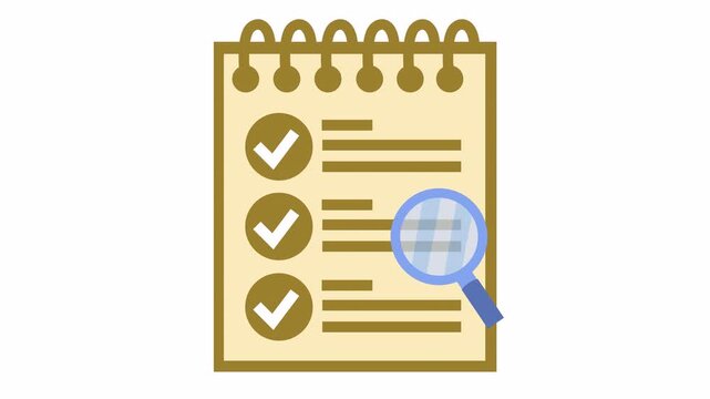 Checklist spiral notepad with checkmarks and magnifying glass flat design cartoon animation. Business audit and inspection concept icon isolated on an alpha channel for quality control research.