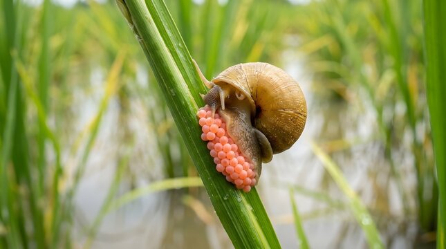 Tropical golden apple snail on rice stalk beside pink eggs in wet field