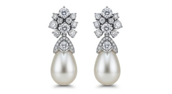 Elegant pearl and diamond drop earrings with white background earrings accessory precious ornament adornment brilliant expensive gemstone isolated beautiful shimmering charming