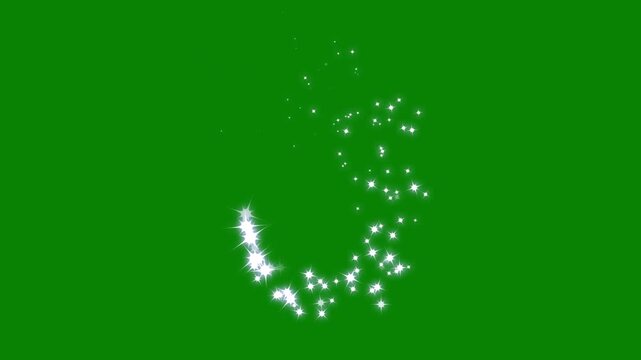 Glitter line transition animation, fairy dust sparkle trail, twinkling vector cartoon doodle stars, glowing glitter particles, magical star transition overlay, seamless chroma key green background, 4K