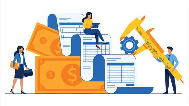 Financial audit and tax accounting vector illustration, business people checking invoice spreadsheets, calculation bills, and measuring budget expenses with calipers