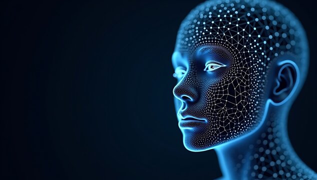 Futuristic Digital Human Face with Glowing Blue Circuits and Particles.
