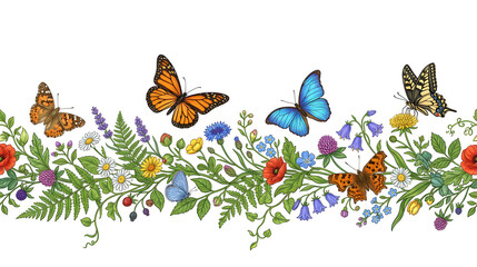 Fototapeta premium Decorative horizontal border with butterflies in different flight positions, wildflowers and leaves, isolated on white background, clean composition, copy space, commercial stock illustration, 