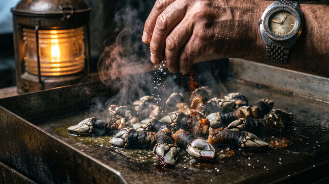 Professional chef sprinkling sea salt and spices over fresh goose barnacles on a hot griddle