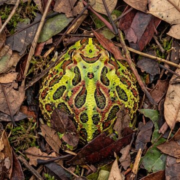 Top down view of pacman frog perfectly camouflaged in dry leaf litter