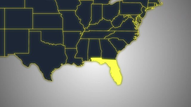 Animated Glowing Florida State Map on a Light Gray Gradient Background. Ideal for geography, business, news, and infographic projects.