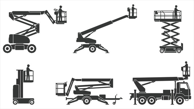 Heavy construction equipment and mobile elevating work platform silhouette icons pack, industrial building maintenance vehicle and telescopic boom lifts set