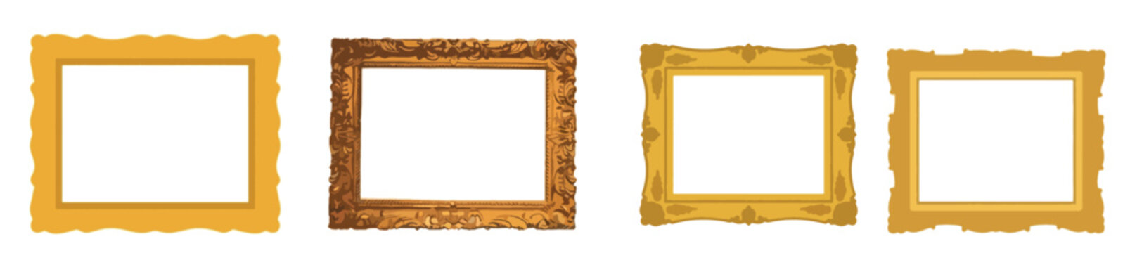 Vintage gold picture frame set, ornate antique wooden painting frames vector illustration for art display.