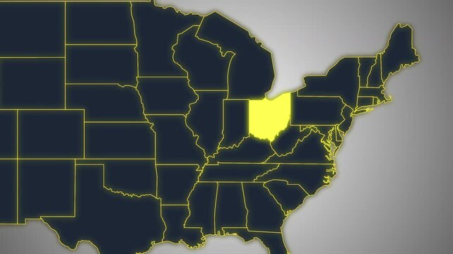 Animated Glowing Ohio State Map on a Light Gray Gradient Background. Ideal for geography, business, news, and infographic projects.