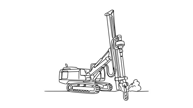 Single Continuous Line Drawing of Heavy Foundation Drilling Rig Machinery for Construction Site Projects