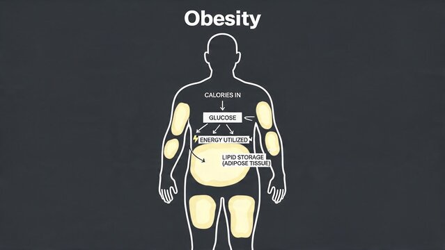 Obesity diagram showing calorie intake, glucose, energy utilization, and lipid storage in the human body