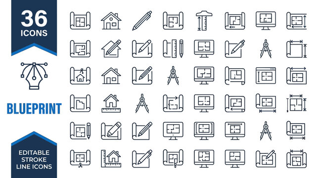 Blueprint Architecture Vector Line Icons Collection Featuring Houses Pencils Rulers Drafting Tools Construction Helmets Buildings Drawing Boards Protractors Bricks Trees Design Illustration
