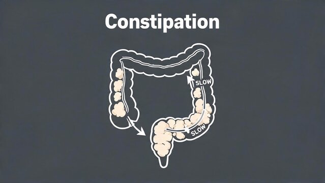 Constipation illustration showing slow movement of waste in the human large intestine