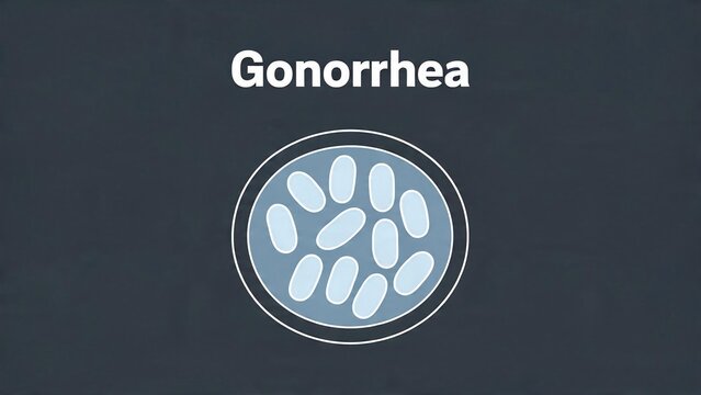 Gonorrhea bacteria illustration and text on a dark grey background