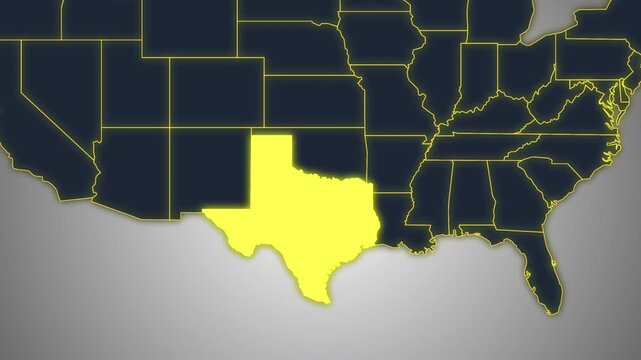Animated Glowing Texas State Map on a Light Gray Gradient Background. Ideal for geography, business, news, and infographic projects.