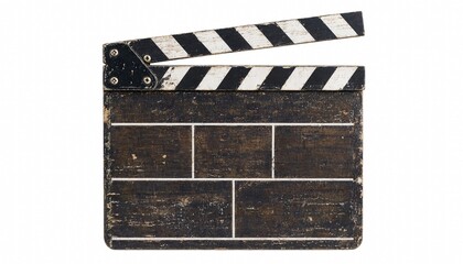 Fototapeta premium Old rustic movie clapperboard isolated on white background for cinema production and film industry.