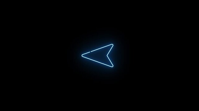 Glowing cyan neon arrowhead left pointer sign on black background 4k motion video