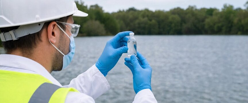 Environmental scientist collecting water sample in glass bottle near lake outdoor in safety gear.