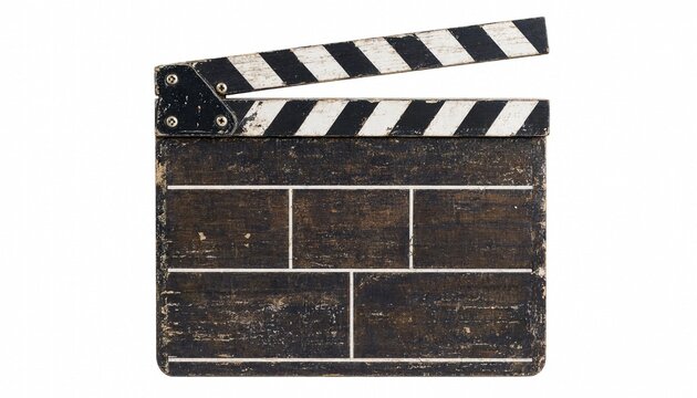Old rustic movie clapperboard isolated on white background for cinema production and film industry.