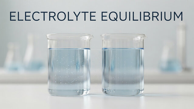 Two beakers containing clear fluids demonstrate electrolyte equilibrium under laboratory conditions showcasing the importance of balance in chemical solutions