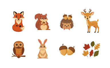 Fototapeta premium Cute forest animals and autumn leaves collection.