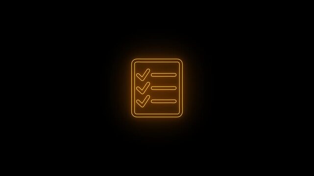 Golden neon checklist survey notebook outline icon on black background 4k video graphics