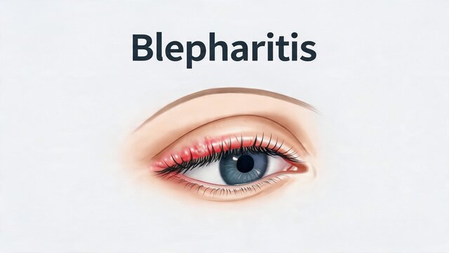 Medical illustration of an eye with blepharitis, showing inflamed and irritated eyelids