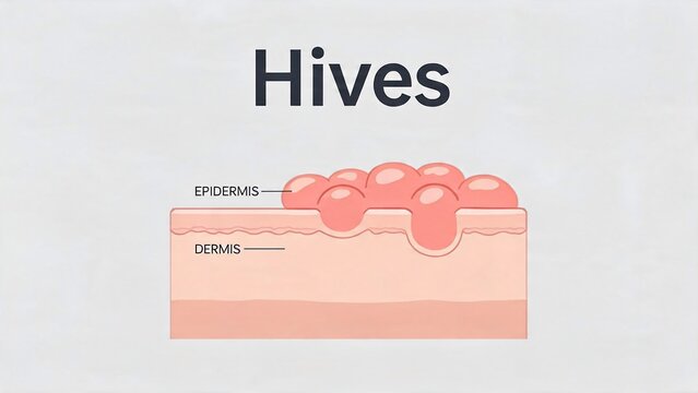 Medical illustration of hives (urticaria) showing skin layers epidermis and dermis with allergic reaction welts