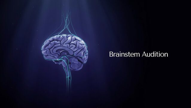 Detailed graphic representation of human brain illustrating brainstem audition with abstract elements and rich colors capturing neurological concepts