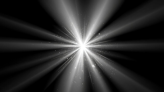 Abstract bright white light flare with rays and particles on black background