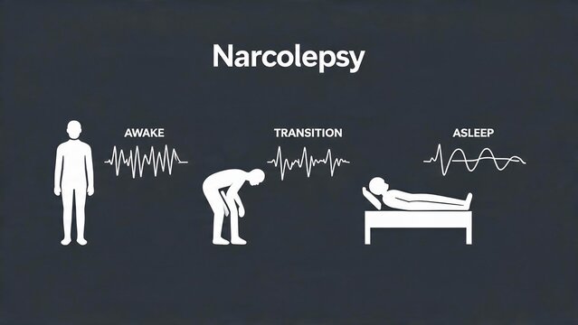 Narcolepsy infographic showing awake, transition, and asleep stages with brainwave patterns