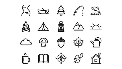 Collection of minimalist camping hiking nature outdoor activity icons with transparent background for various uses © Laura