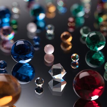 Vibrant multicolor glass beads in artistic close-up display. Premium faceted gemstone cabochons for jewelry design and craft projects.
