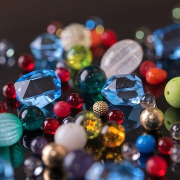 Colorful glass beads and marbles in artistic arrangement. Vibrant spherical gems for crafting, decoration, and design projects.