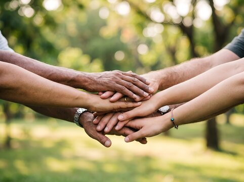 Stacked hands together a symbol of unity and collaboration photo