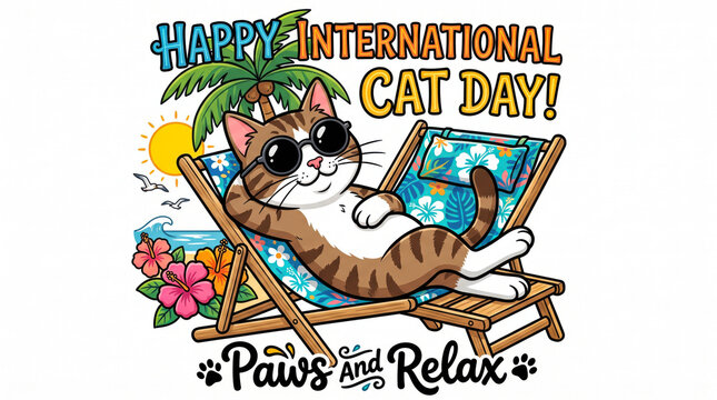 Relaxed cat wearing sunglasses on deck chair with laptop