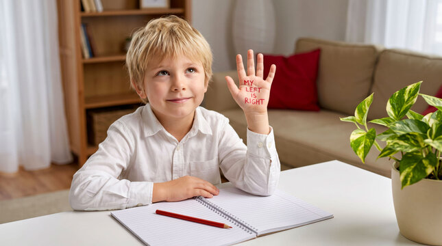 Young boy waving hand while sitting at desk with papers