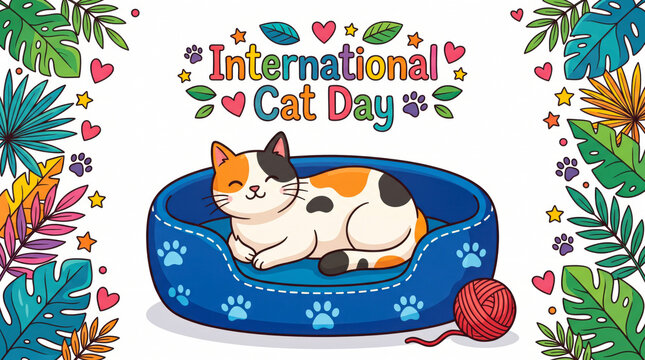 Cute calico cat sleeping in a cozy blue pet bed on international cat day