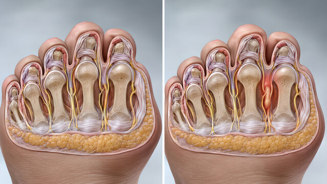 Morton Neuroma Forefoot Anatomy Comparison Medical Illustration Showing Normal Interdigital Nerve and Third Webspace Irritation for Healthcare Education, Podiatry Training, and Patient Information