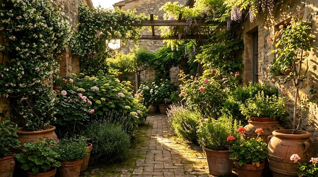 A lush small garden setup with blooming flowers and terracotta pots lining a rustic stone pathway in the golden sun.