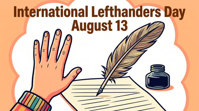 Left hand waving with feather quill and ink bottle on lined paper