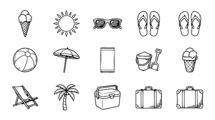 Summer Vacation Icons: Beach, Travel, and Fun - Hand-Drawn Vector Set © Xandal