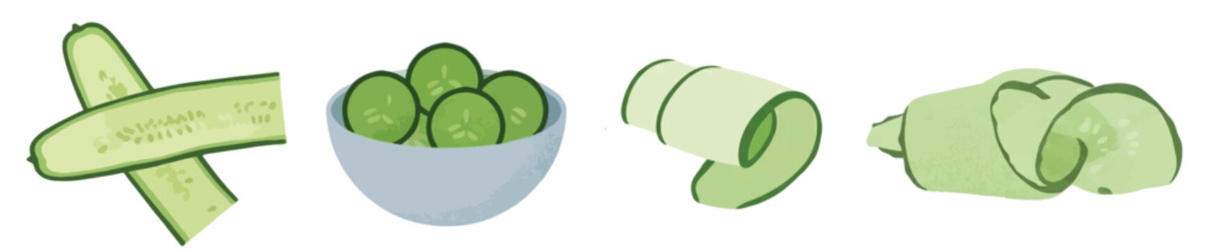 Fresh cucumber slices set, organic cucumber ribbons and roundels in wooden bowl for salad and spa vector illustration.