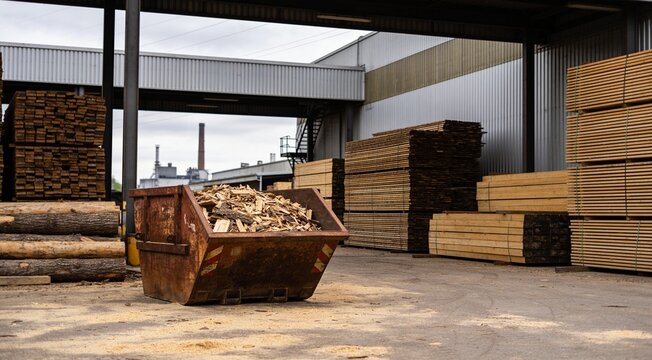 Rusted metal container filled with wood debris in a German lumber yard near stacked timber and industrial buildings.