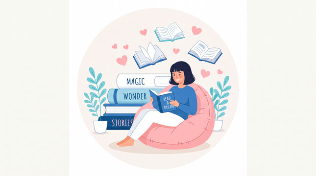 Girl reading magical wonder stories in cozy corner