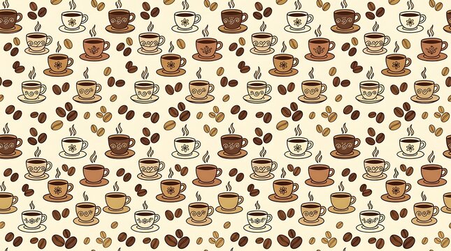 Seamless pattern with hand drawn coffee cups and coffee beans