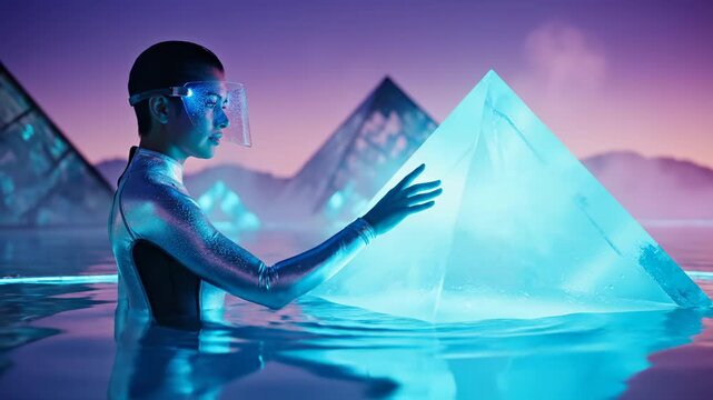 Futuristic woman touches glowing pyramid in water. Cyborg with visor holds crystal pyramid. Woman examines futuristic structure. Digital pyramid glows in water. Cyborg woman in metaverse world.