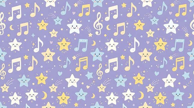 Seamless pattern with cute stars and musical notes on purple